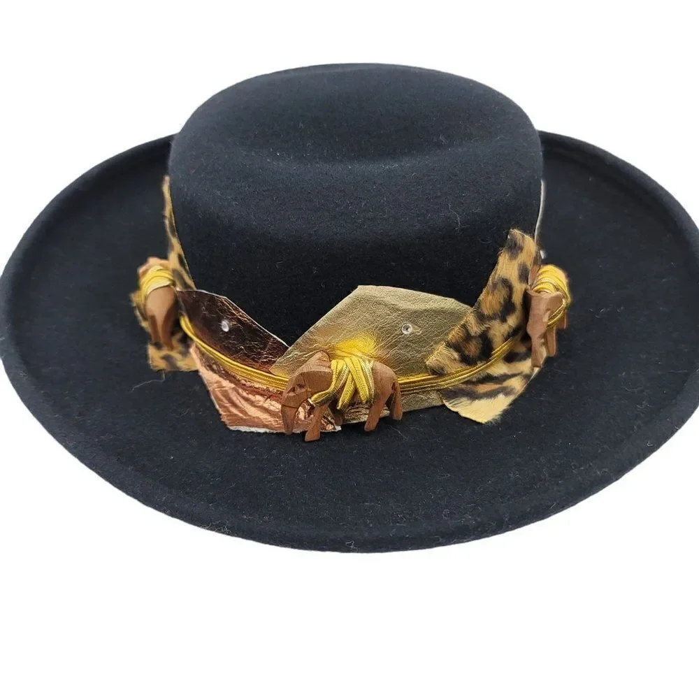 Vintage 50's Womens Sonni Hat Fedora Black Gold Animal Patchwork Accent Madonna - Picture 6 of 10